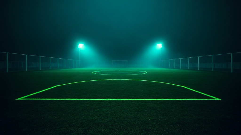 Neon-lit football pitch at night
